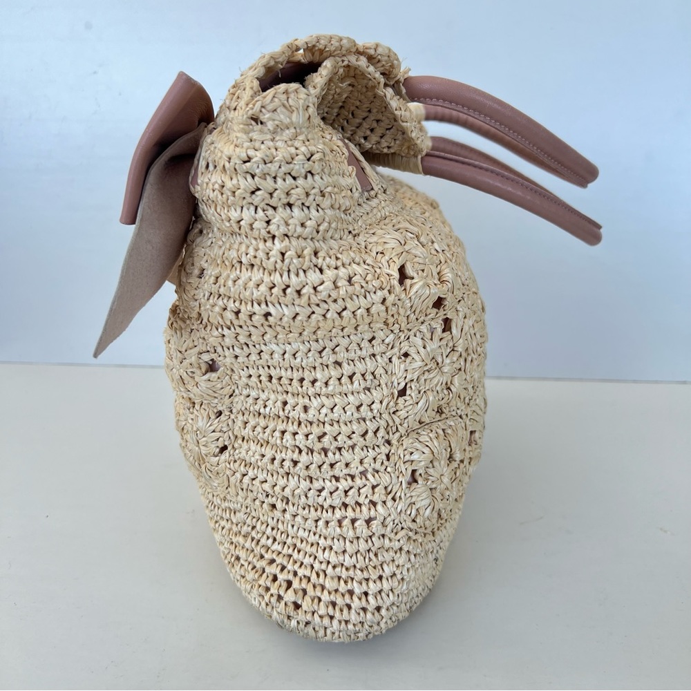 RED VALENTINO Cream Crochet Raffia Pink Mauve Leather Bow Shoulder Bag Tote - Picture 9 of 16